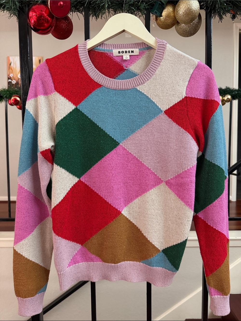 Boden Multicolor Argyle Crewneck Sweater - Pink, Red, Green, Blue, Cream, Tan